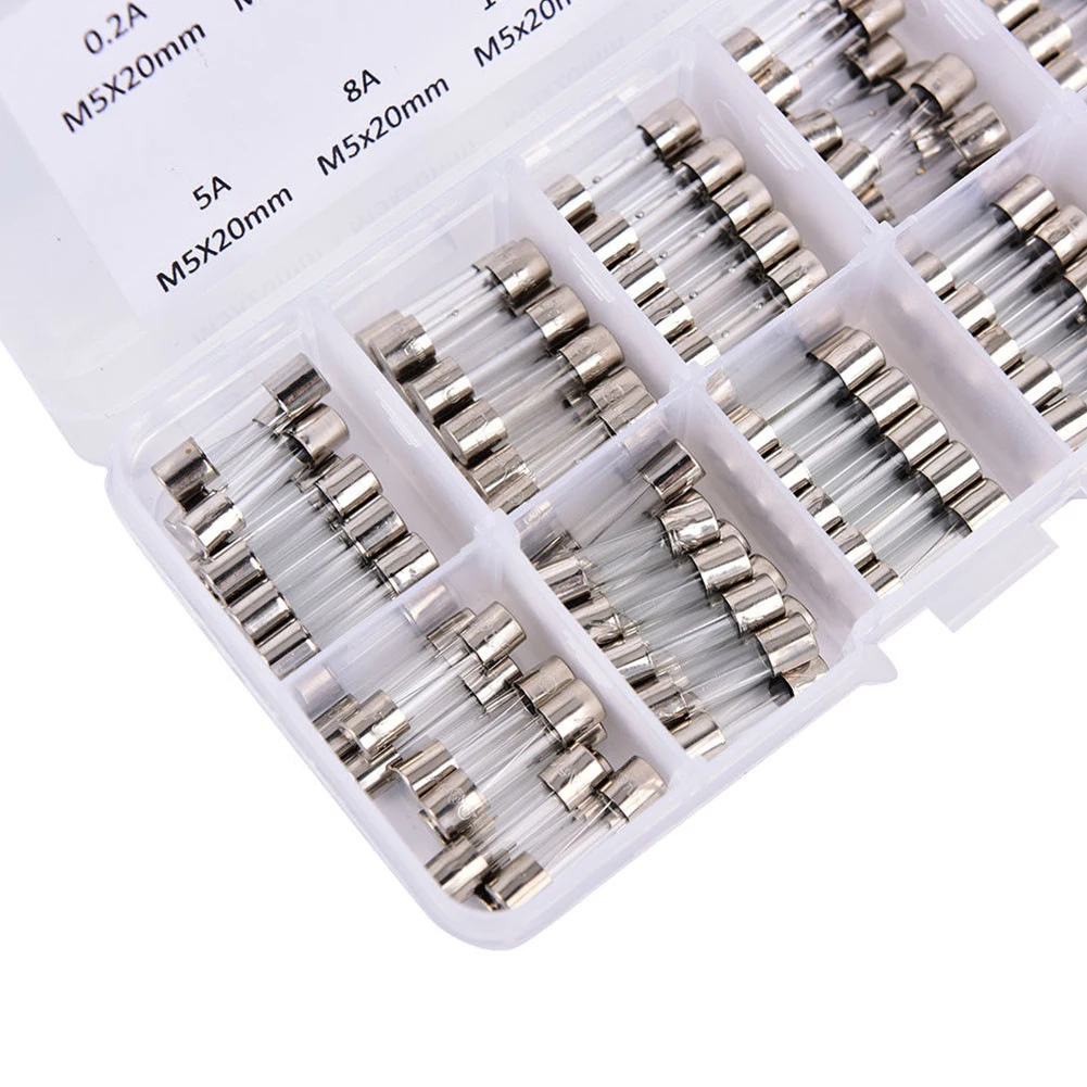 100Pcs Glass Tube Fuse Assorted Kit Amp 0.2A-20A Fast-blow Glass Tube Fuse 250V Glass Fuse Assortment Pack with Storage Box
