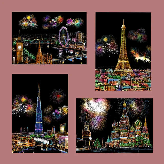4Pcs/Set A4 Magic Scraping Painting DIY Colorful City Night View Scratch Paper Drawing Toys for Kids Learning Toys 21x29.7CM 6