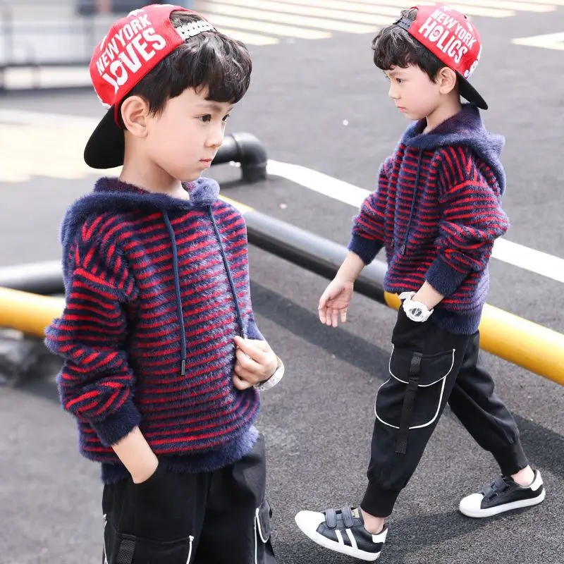 

Boys' Striped Hooded Faux Mink Fleece Sweater Children's Clothes 2023 Autumn Winter Plush Warm Knitting Fashion Korean 5-12 Yrs