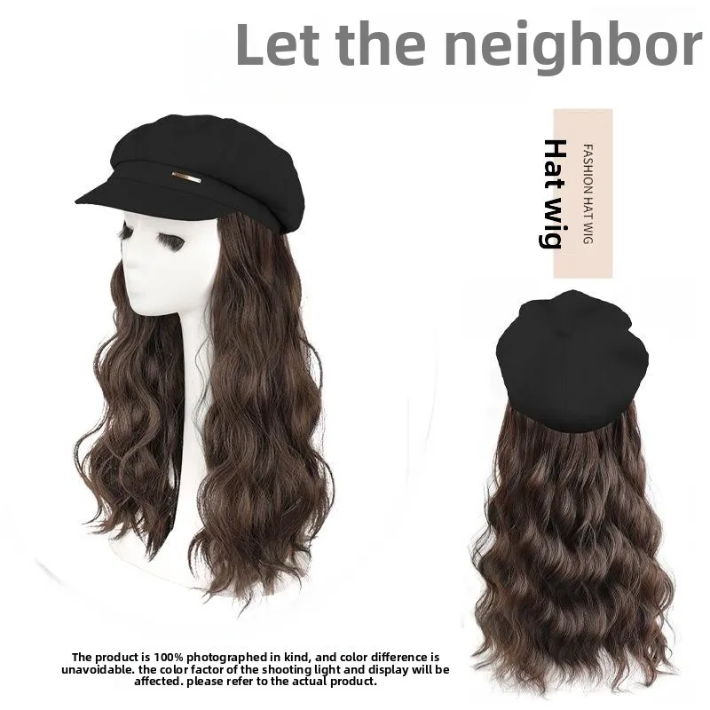 Detachable Faionable l Looking Women's Beret Hat Wig Cap Spring Autumn Long Curl Lazy Curl Fake Hair Cover