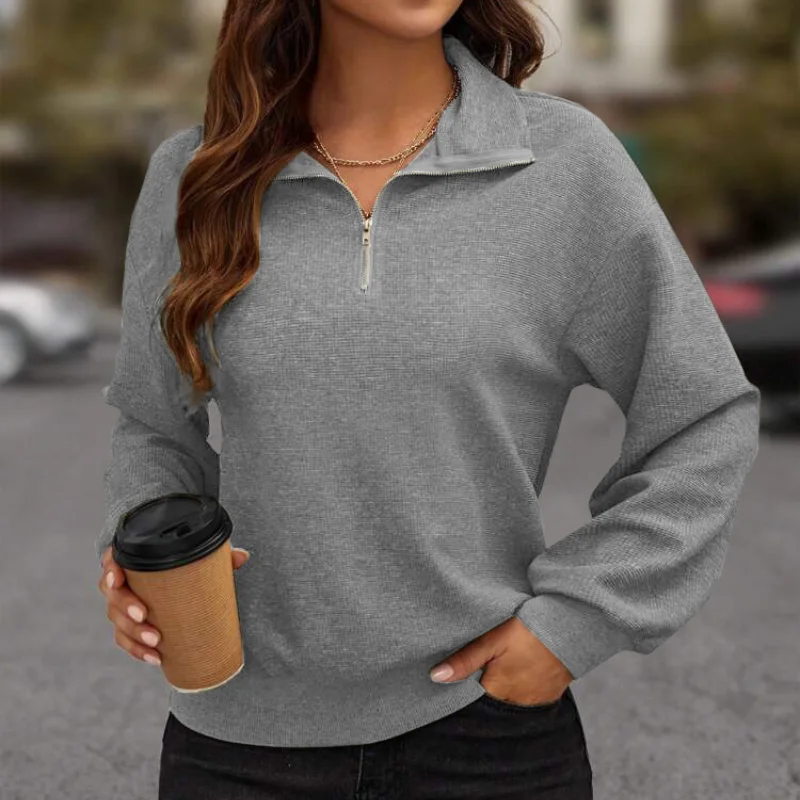 2023 Autumn and Winter Versatile Oversize Commuter Women's Clothing Fashion Zipper Simplicity Solid Color Long Sleeve Pullover