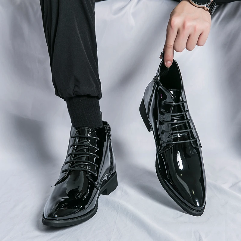 Luxury Chelsea Boots Men's Shiny Leather Shoes Pointed High Top Shoes Men's Banquet Dress Shoes High-end Purple Red Short Boots