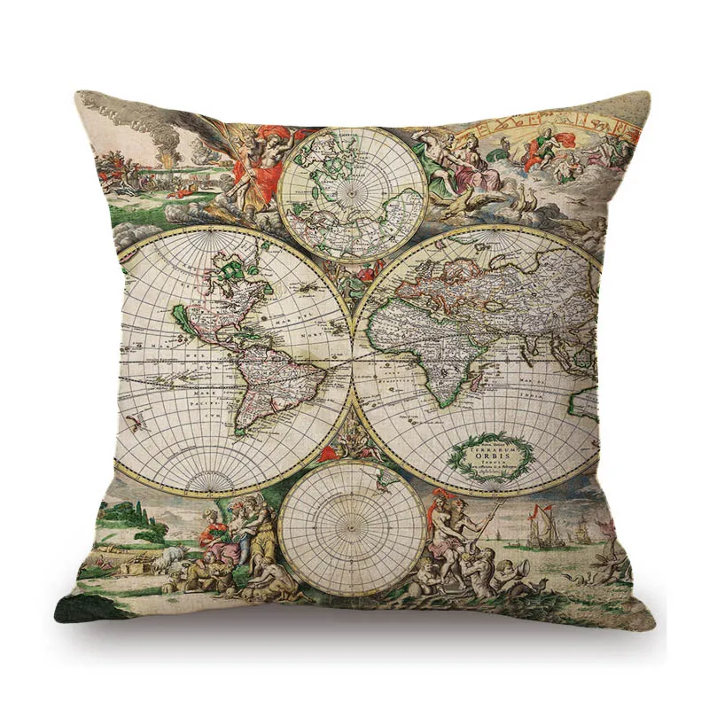 

Classic Antique Earth Map Greek Myth Zodiac Art Home Decoration Sofa Pillow Case Royal European Style Linen Chair Cushion Cover