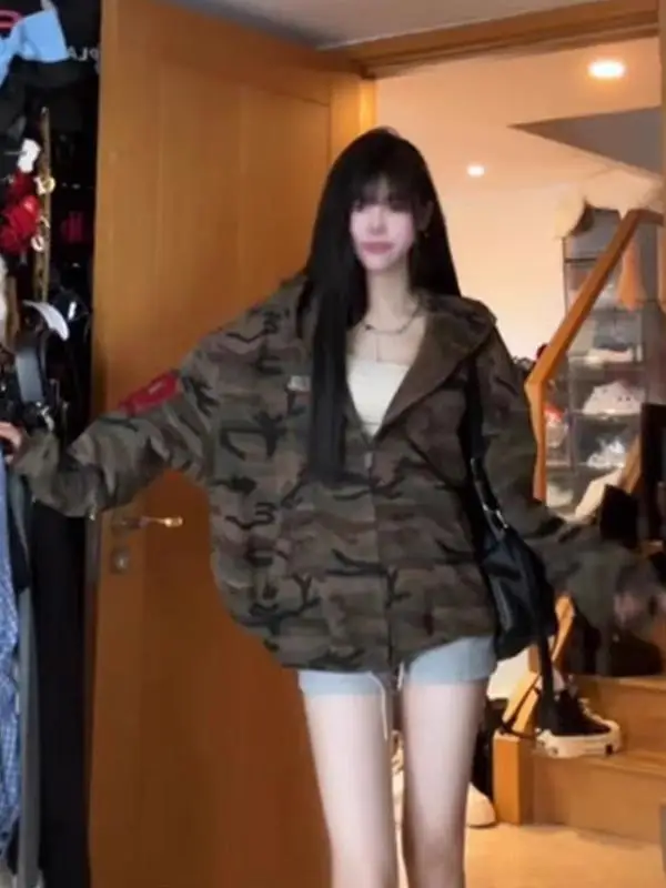 Retro American Camouflage Hoodie ort Women's Jaet Loose Cool Sle Outerwear Trendy Autumn Winter New Arrival