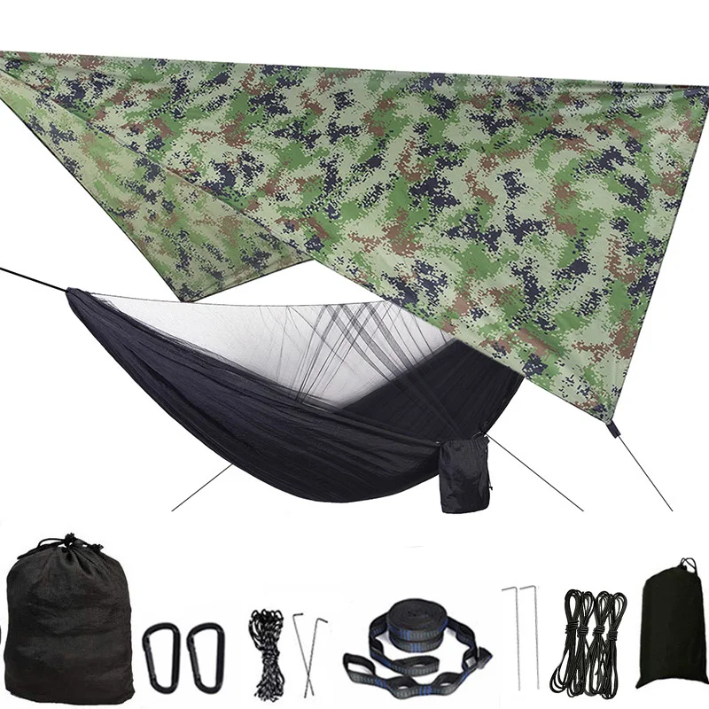 Camping Hammock Mosquito Net and Rain Fly Tarp Portable Tent Parachute Hammock with Tree Strap Indoor Outdoor Backpacking Travel 