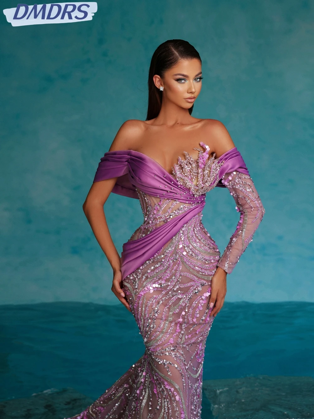 Graceful Off The Shoulder Cocktail Dresses Sparkly Sequins Beads Evening Dress Purple Mermaid Long Prom Gown Robe De Mariée