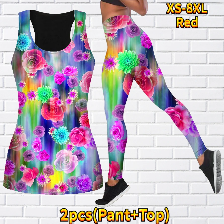 Women\'s 3D Colorful Flower Print Yoga Tank Top Set Fashion Sports Sleeveless Tank Top Pants Set Two Piece Set XS-8XL