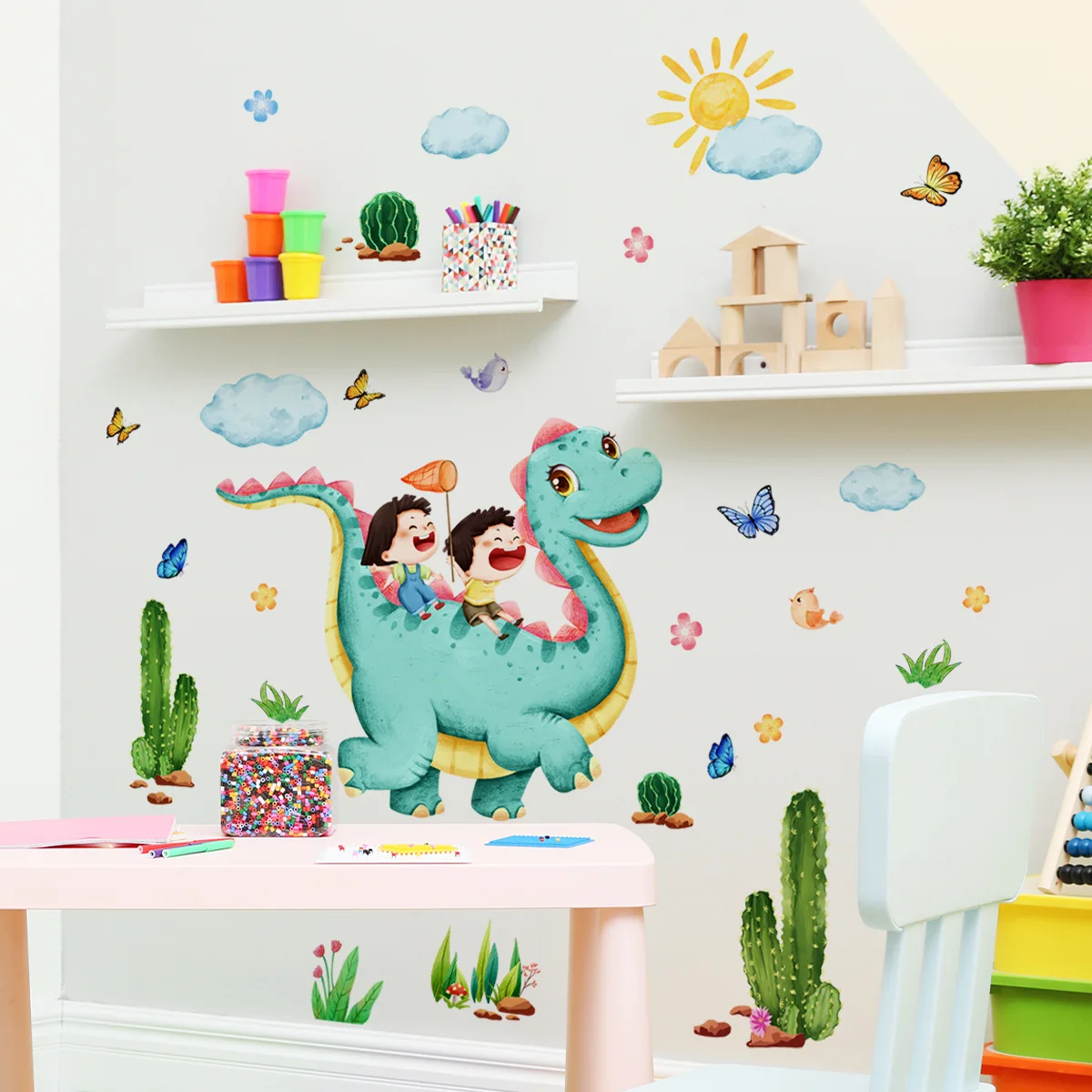 2pcs Dinosaur Cactus Cloud Cartoon Wall Sticker Funny Creative Living Room Children's Room Study Decoration Mural  Wall Sticker inflatable dinosaur cartoon pvc 3 years old children inflatables water swimming toys standing stage funny decoration gifts