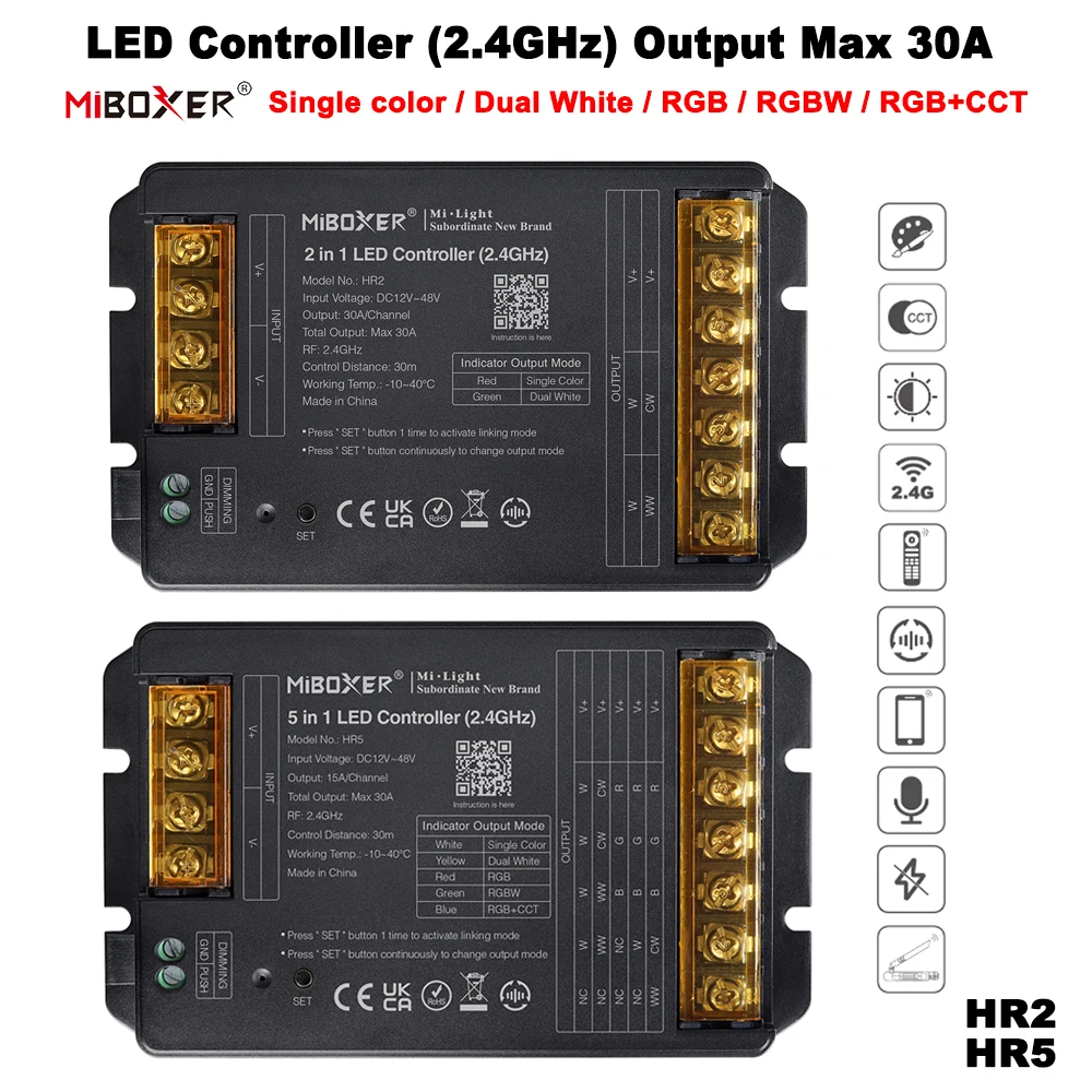 Miboxer HR2 2IN1 HR5 5IN1 2.4GHz RF LED Controller Large Current Max 30A For Single Color/Dual White/RGB/RGBW/RGB+CCT Led Strip