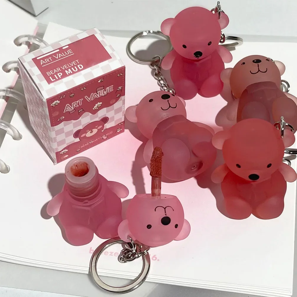 Cute Bear Keychain Lip Mud Matte Velvet Mousse Lipstick Waterproof Long Lasting Non-Stick Cup LipGloss Korean Cosmetic lip makeup