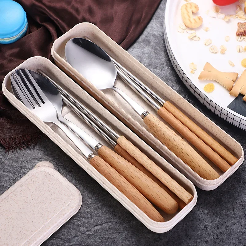 Wooden handle stainless steel tableware three-piece set Chopsticks fork spoon Students outdoor travel gift tableware set