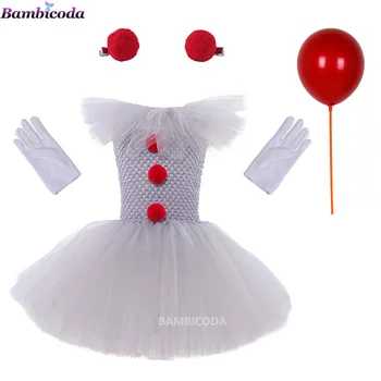Gray Girls Halloween Costume Tutu Dress Creepy Clown Kids Carnival Party Cosplay Clothing Children Tulle Fancy Dress Up 2-12Year 1