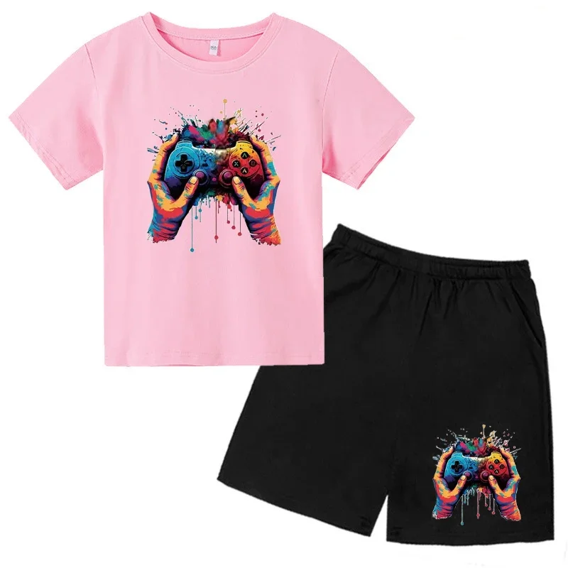 thumbnail image 1 of Conjunto de camiseta y pantalones cortos con estampado de máquina de juego de arte de grafiti para niños, moda de verano, informal, de manga corta, para niños y niñas, 1 of 5
