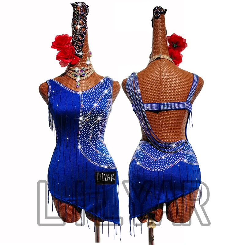 

Latin Dance Dress Latin Skirt Competition Costumes Performing Practice Skirt Customize Adult Kids Lady Gemstone Color Tassels