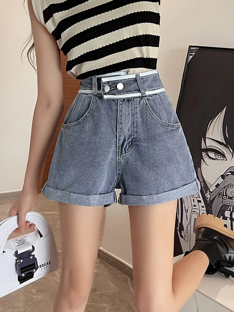

FTLZZ Summer Casual Women Empire Slim A-line Denim Shorts Vintage Lady High Street Wide Leg Denim Shorts