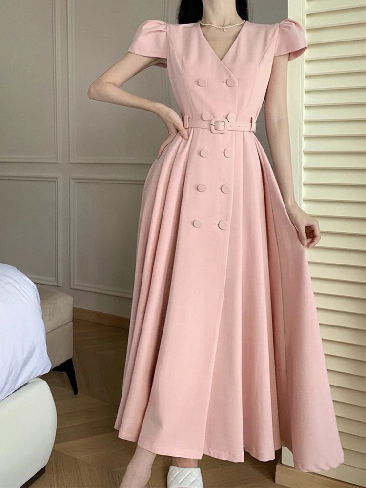 

Temperament Elegant Office Lady Office Puff Short Sleeve Party Dress Women Vintage Double-breasted Hight Waist Belt Long Dress