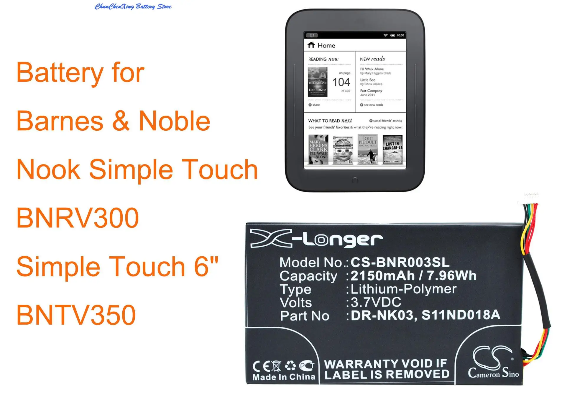 

GreenBattery2150mAh Battery DR-NK03,S11ND018A for Barnes&Noble BNRV300,BNTV350,Nook Simple Touch, Simple Touch 6",