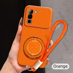 Magnetic Rotating Bracket Phone Case with Lanyard - PU Leather Soft Cover for Infinix Hot 40 (Orange)