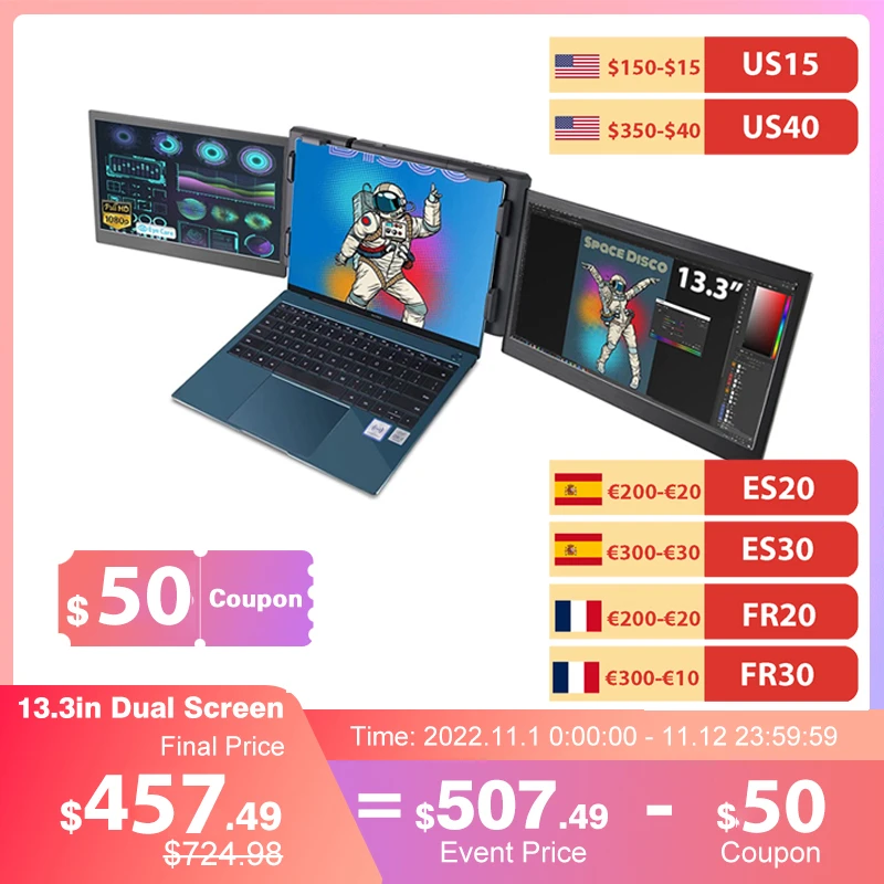 TeamGee Portable Monitor for Laptop 13.3” FHD Dual Triple Monitor Screen  Extender Type-C USB-A Portable Monitor For Switch/Mac