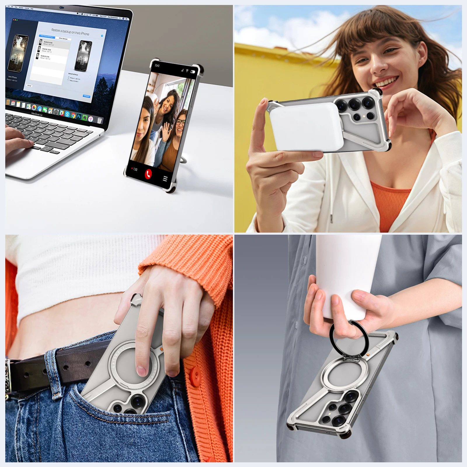 Eary Magnetic Frameless Phone Case For Samsung Galaxy S25 S24 Ultra With 360°Rotatable Stand Metal Protective Shockproof Bumper