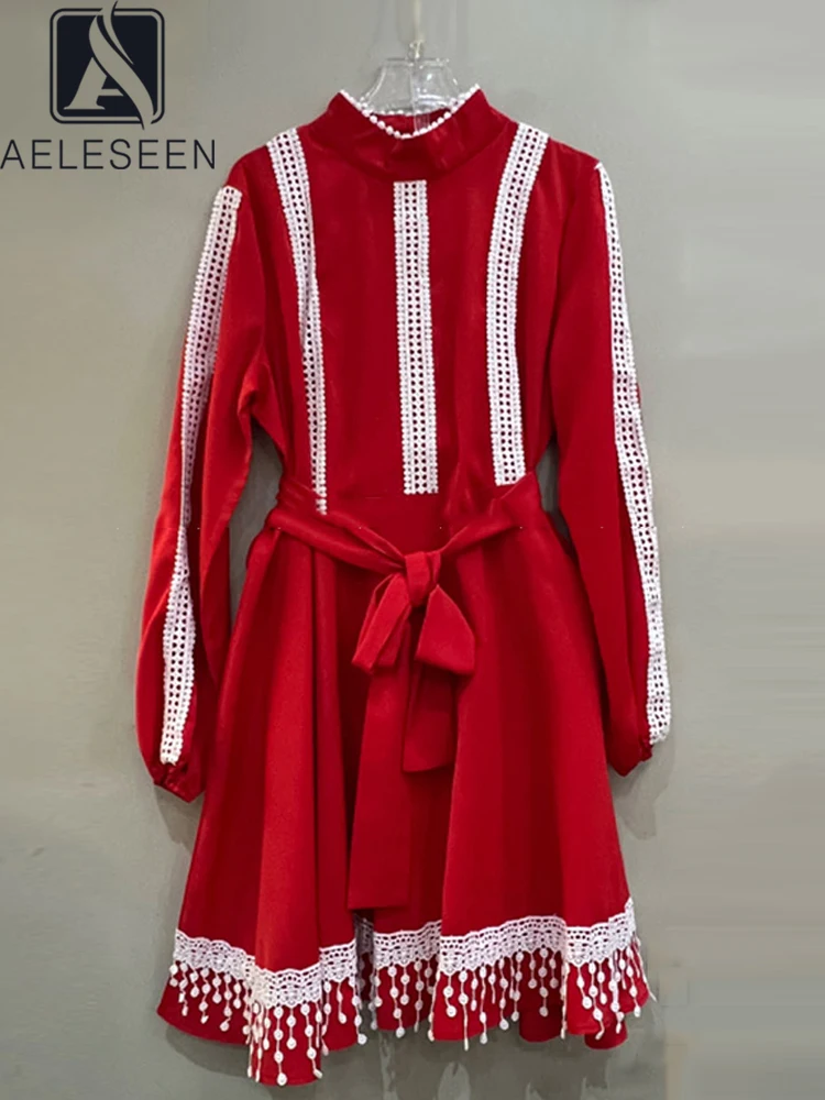 

AELESEEN Designer Fashion Mini Dress Women Spring Autumn Red Green Black Lantern Sleeve Lace Patchwork Belt Turtleneck Tassel