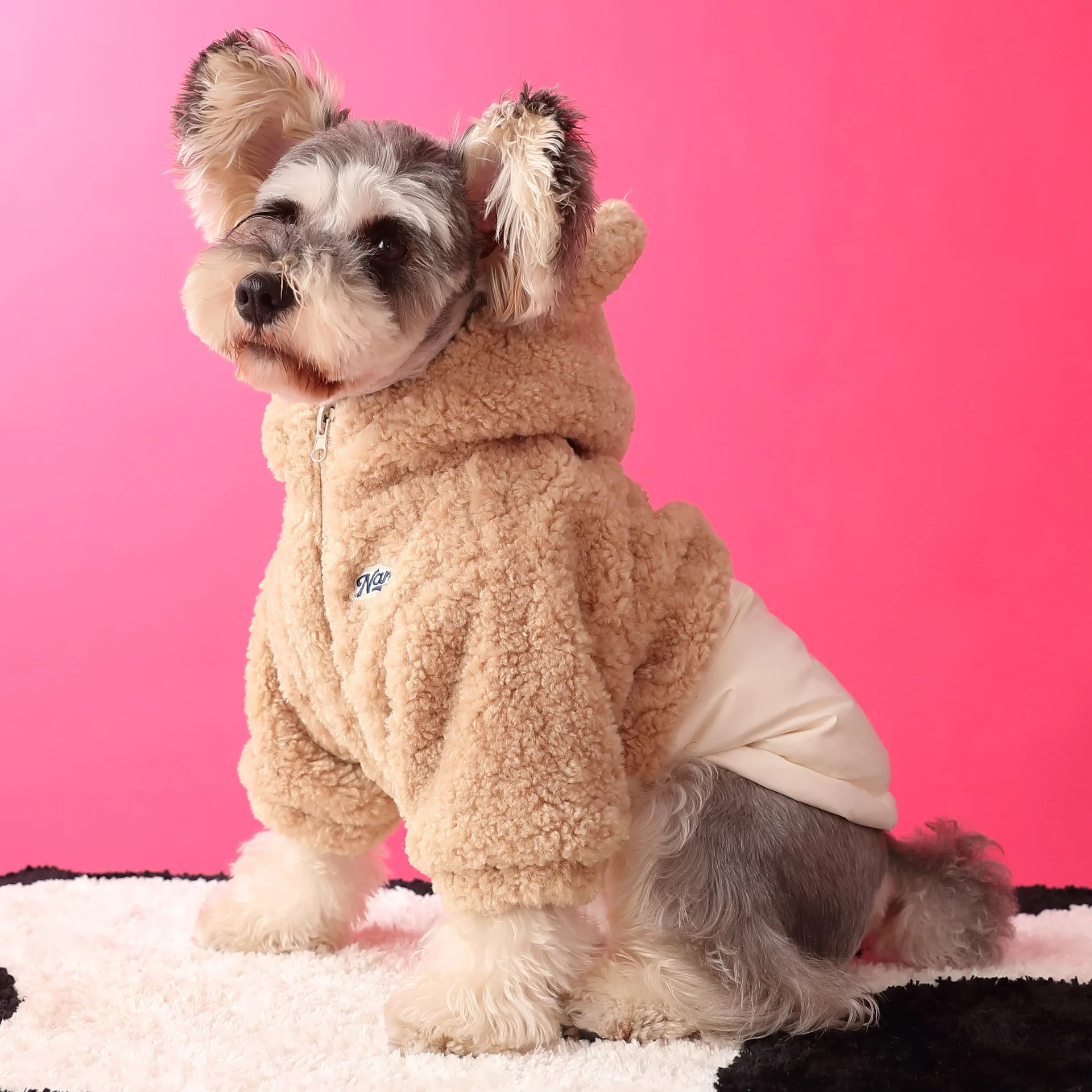 HoodedLambFurPatchworkDownJacketDogClothingTeddySchnauzer