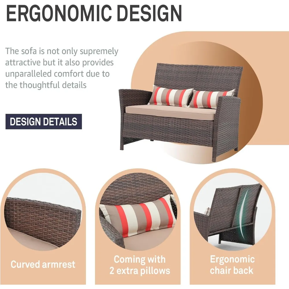 Outdoor Wicker Loveseat with Cushions, 2 Seater Patio PE Rattan Sofa with Lumbar Pillows, Brown Wicker & Beige Cushions 6