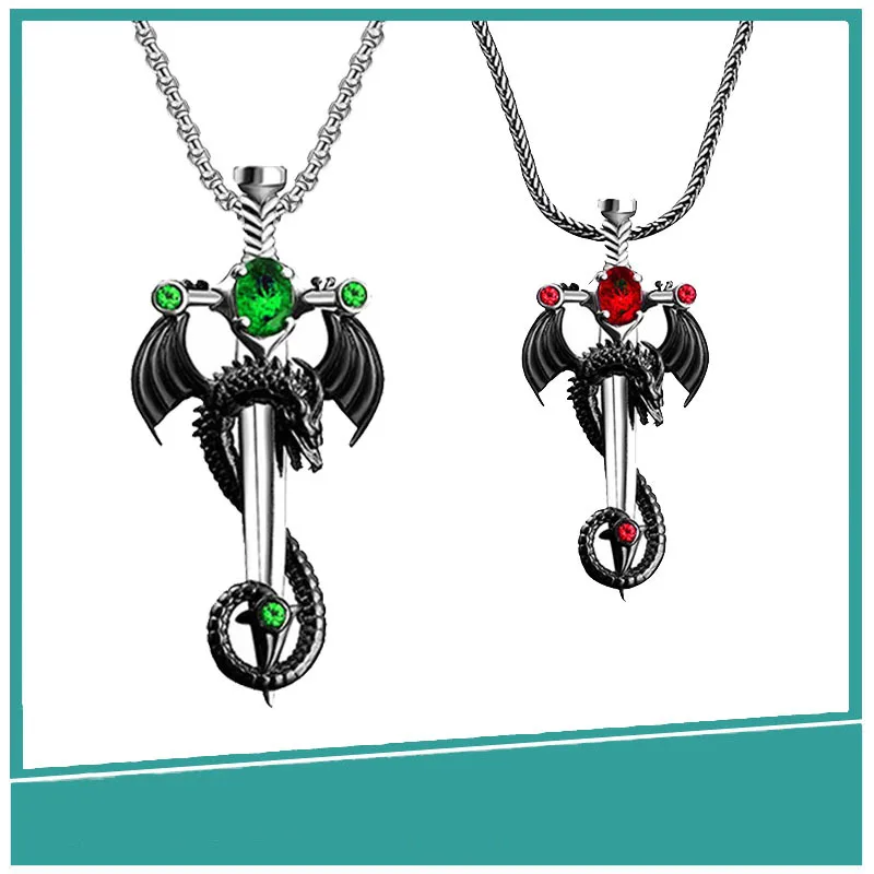 Collar Colgante Gema Dragón Gótico Dark Espada Vintage Punk | Meses Sin