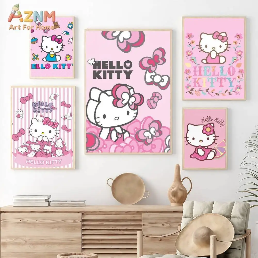 AZNM Hello Kitty Kawaii Sanrio Leinwand-Wandkunst, niedliches Cartoon-Katzen-Poster ohne Rahmen, Leinwandgemälde mit rosa Schleifenblumen-Motiv