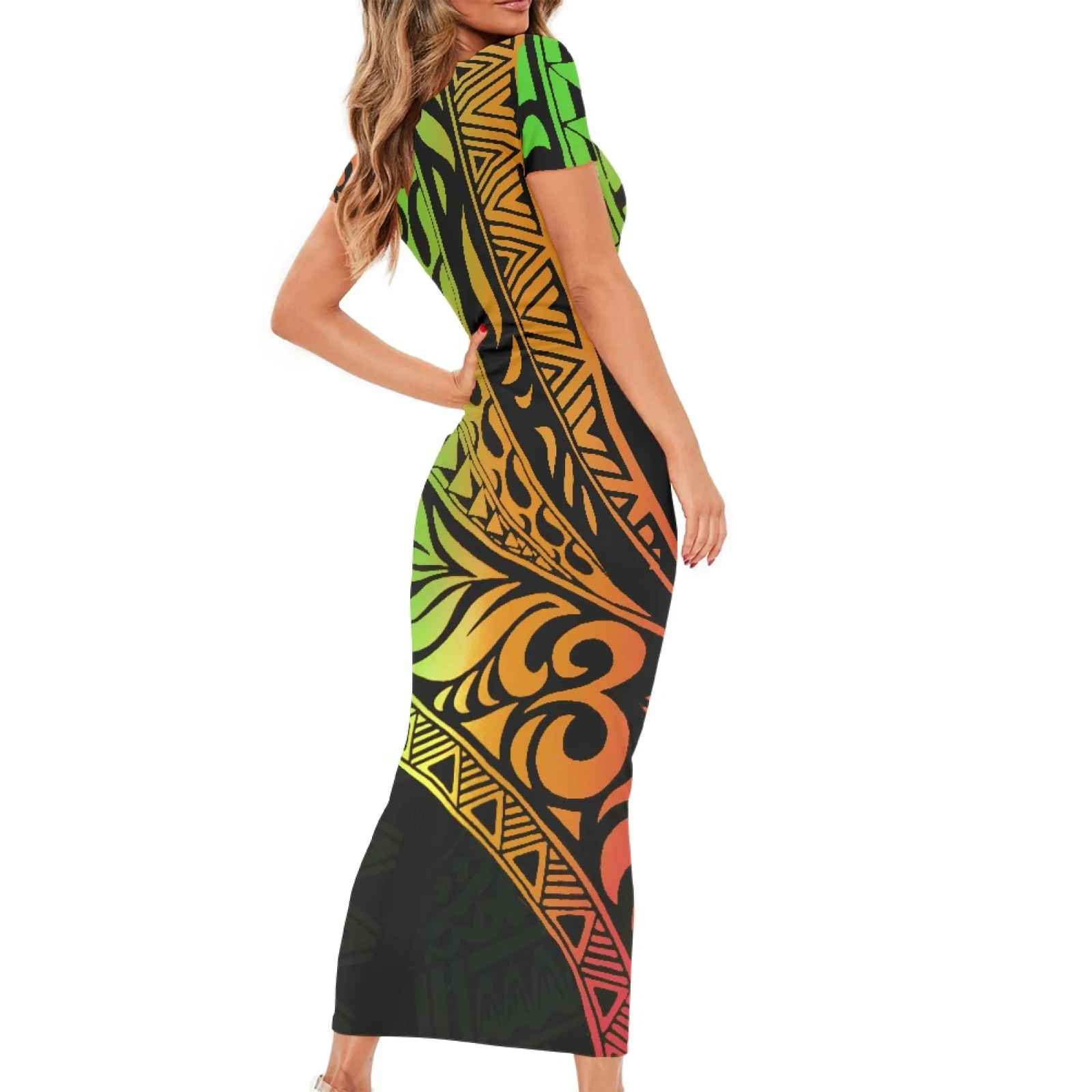 

Polynesian Tribal Tongan Totem Tattoo Print Short Sleeves Summer Casual Loun Robe, Fashion O Neck Club Outfits, Vintage Yellow