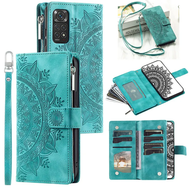 Leather Flip Phone Case with Long Lanyard and Zipper Wallet Card Holder
