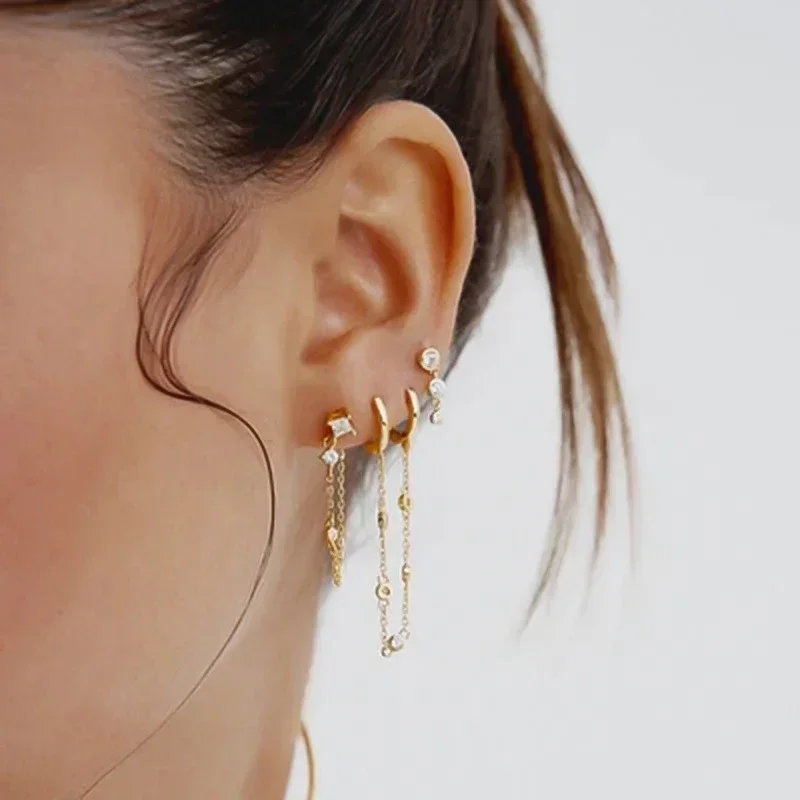 925 Sterling Silver Long Chain Tassel Drop Earring for Women Crystal Zircon Star Perforation Earring Fine Jewelry Gift Pendant - Image 6