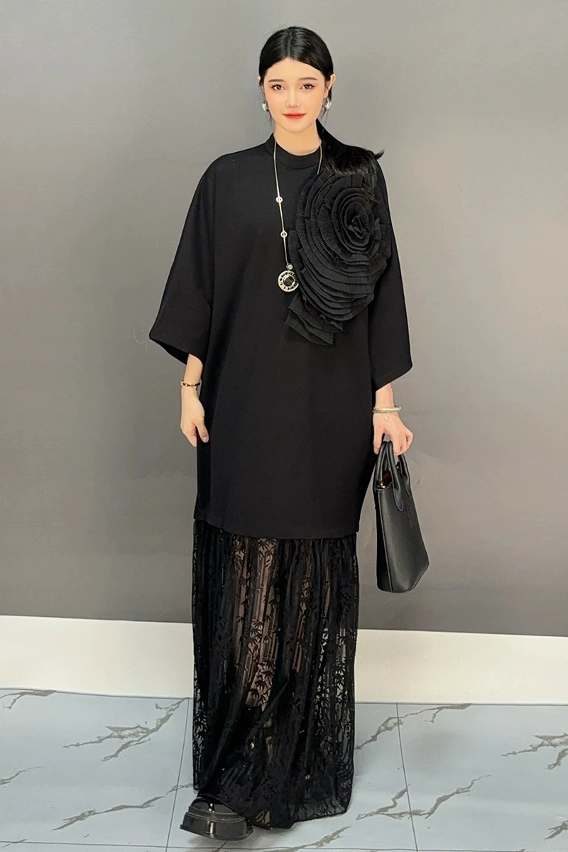2024 Autumn New Elegant Black Patchwork Flower Loose Long Dress Women  Fashion Long Sleeve Lace Dress Wholesale J500 - AliExpress 200000345