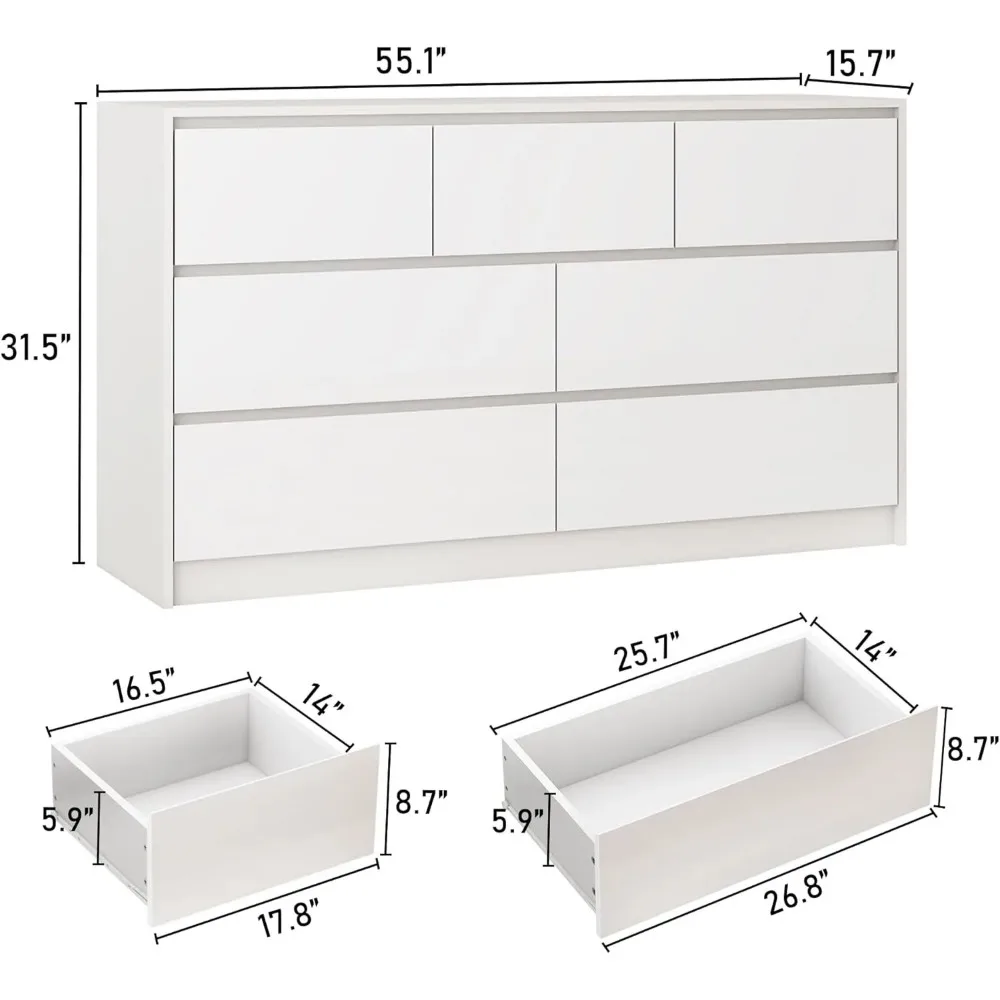 White Dressing Table in Bedroom, 55 Inch Long Dressing Table, High Gloss Dressing Table with 7 Drawers, Wooden Drawer Cabinet 6