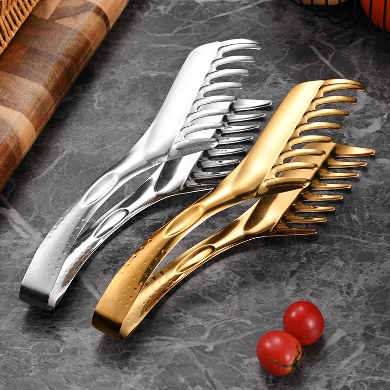 1PC Stainless Steel Food Tongs Comb Shaped Thickened Kitchen Utensils et Cooking Tool Golden Stable Anti Heat Bread Clip