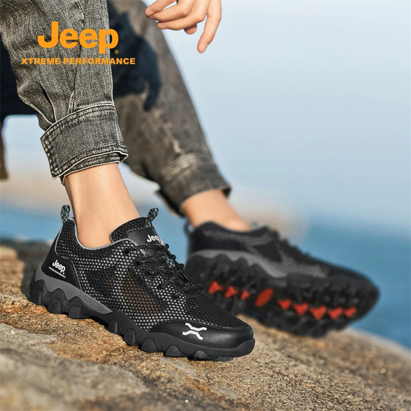 Jeep 남성용 메쉬 통기성 캐주얼 스니커즈 미끄럼 방지 착용 가능한 고무 밑창