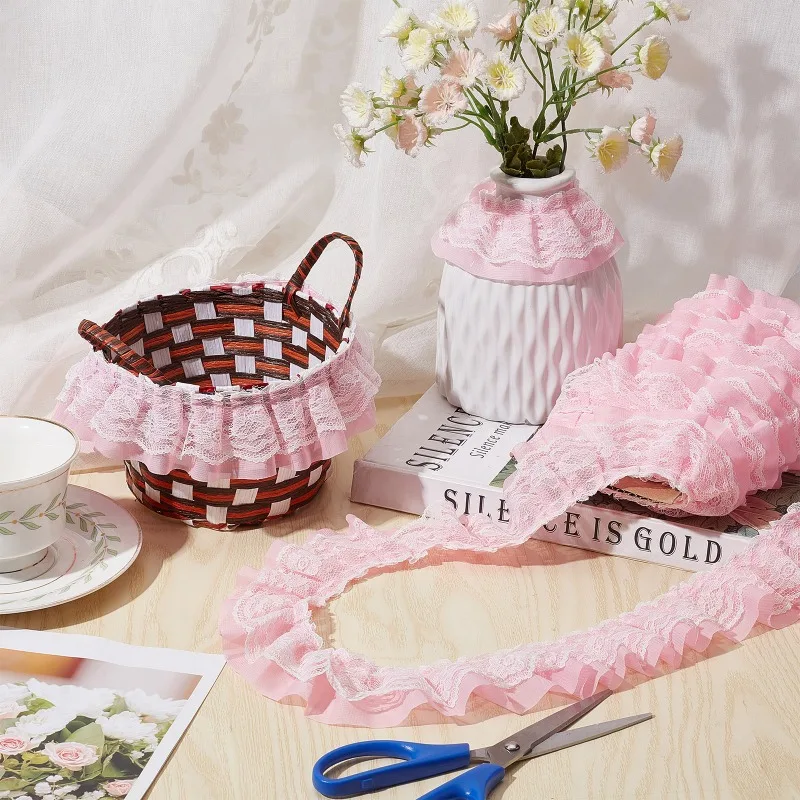 Pink Double-Layer Pleated Chiffon Lace Trim 5cm Wide 2-Layer Gathered Ruffle Trim Edging Tulle Trimmings Fabric Ribbon 11 Yards lace fabric,lace ribbon,chiffon fabric,chiffon lace fabric,lace garment accessories,lace sewing supplies,lace accessories,lace sewing accessories