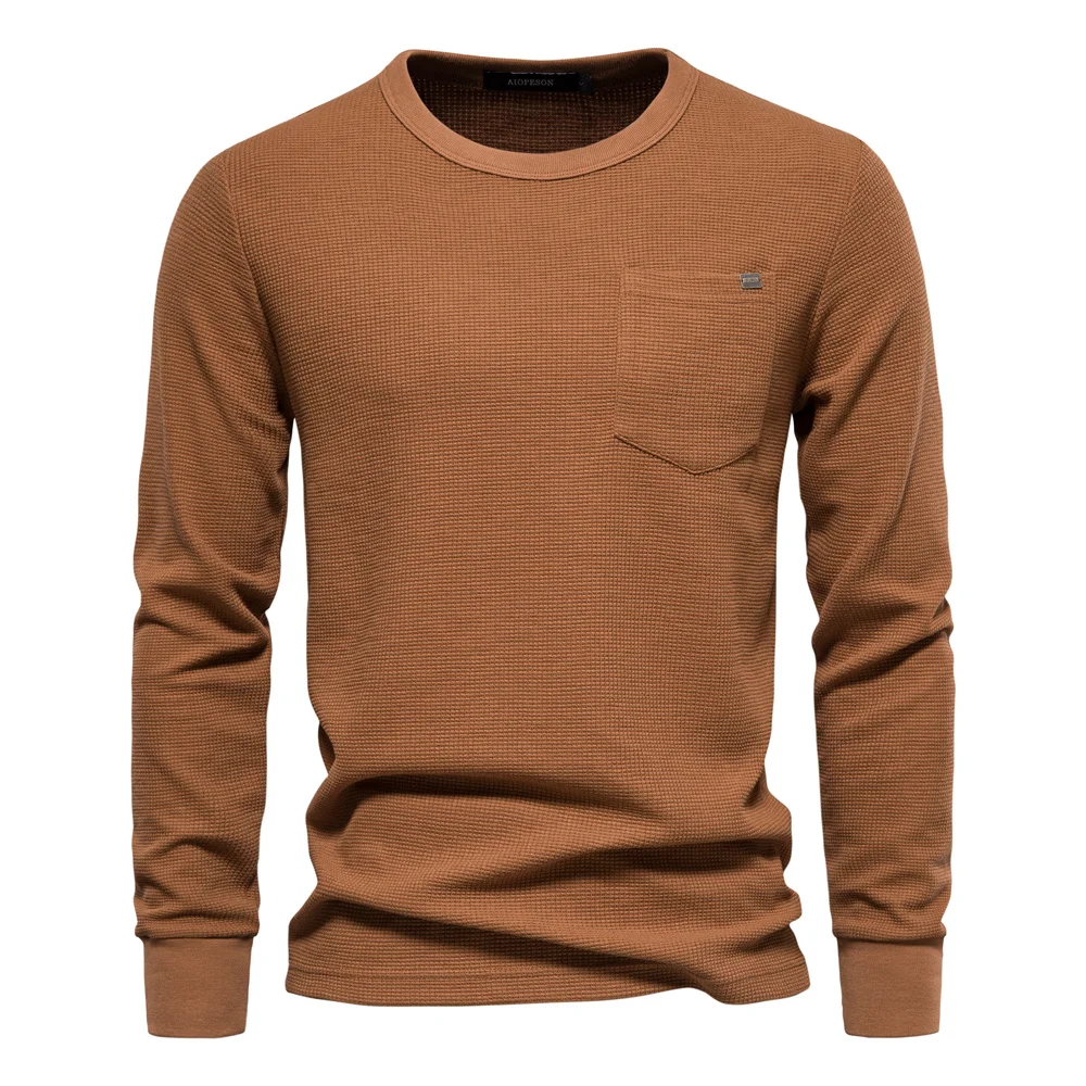 Men's Waffle Knit Long Sleeve Cotton T-Shirt - Solid Color with Single Pocket