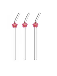 Set of Reusable Glass Straws with Floral Accents - Elegant High Borosilicate Curved Straws (Clear 3C)