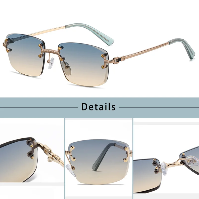 HBK Square Rimless Sunglasses Women Retro Metal Sun Glasses Men Luxury Party Business Gradient Shades 2024 Summer Style