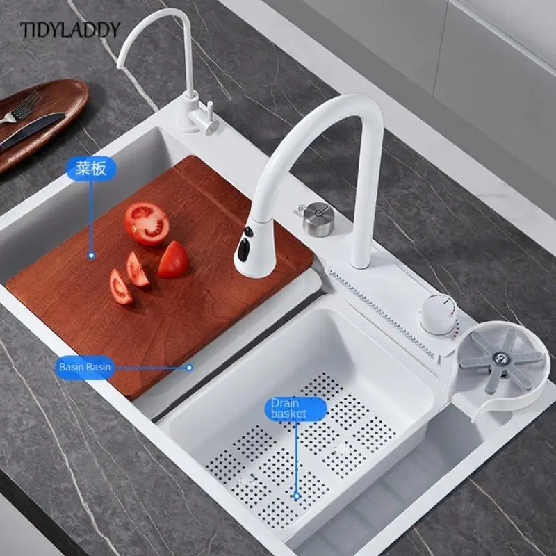 Stainless Steel Kitchen Sink Multifuctional Sink Waterfall Kitchen Faucets Left Drainer Accessories