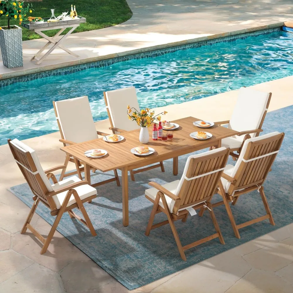 Folding Patio Dining Chair Set of 2, Outdoor Acacia Wooden Reclining Chair w/Armrest & Removeable Cushion, FSC Certified Wood 2