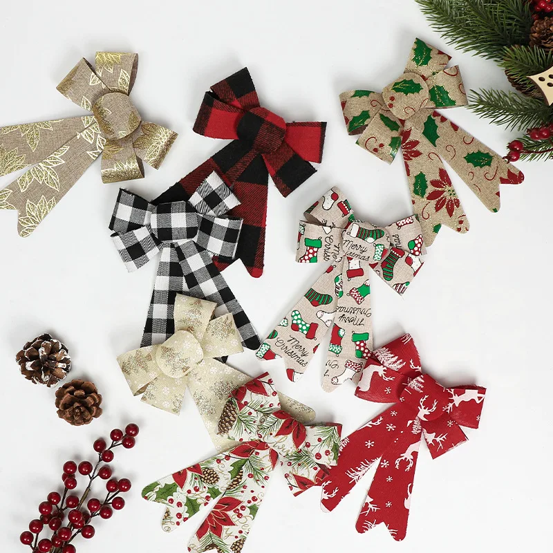 

20cm Christmas Tree Big Red Grid Linen Plaid Bowknot Handmade Gift Box Wrapping Decorative Large Bows Party Wedding Decor