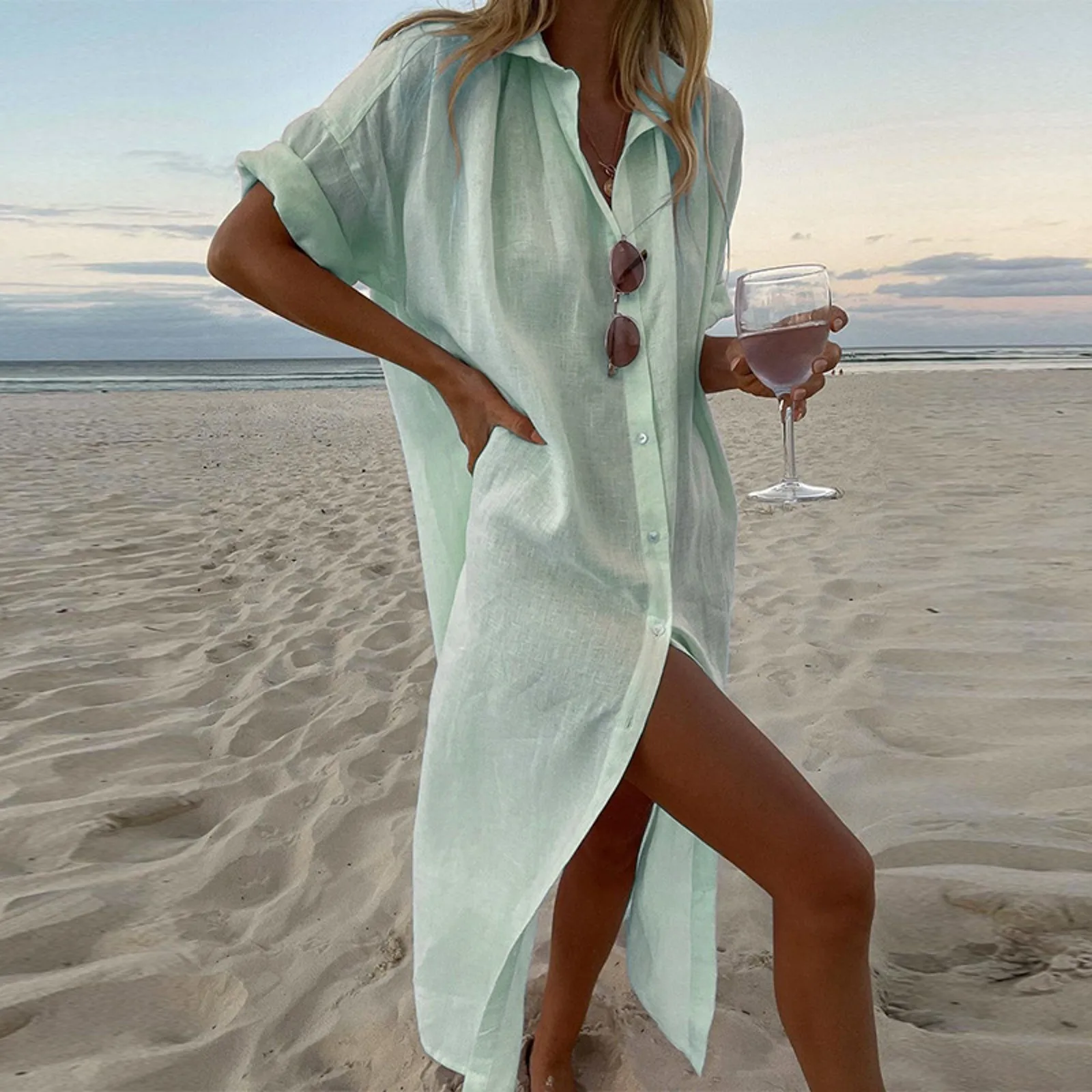 

Cotton Linen Long Shirt Dress for Women 2023 Summer Pure Color Casual Short Sleeve Dress Beach Female Clothing Y2K Vestido Robe