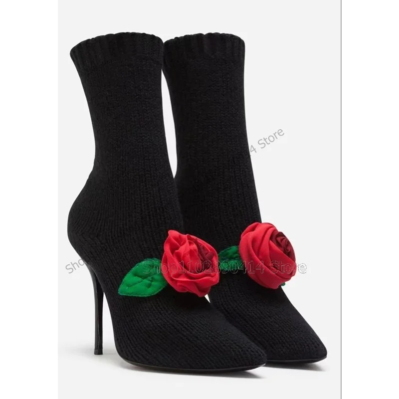

Red Rose Decor Black Knitting Wool Boots Mid Calf Slip On Women Shoes Thin High Heels Pointed Toe Sexy 2023 Zapatos Para Mujere