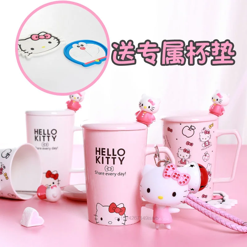 thumbnail image 2 of Taza de cerámica Tiki de dibujos animados Sanrio Hello Kitty, taza de café para llevar con tapa, cuchara, tazas de leche para desayuno para el hogar y la Oficina, 2 of 5