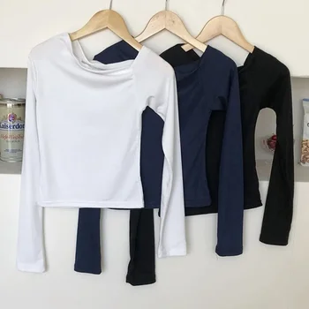 AOSSVIAO 2025 تي شيرت المرأة كم طويل قبالة الكتف Y2k بلايز خمر الشارع الشهير الكورية نمط المحاصيل القمم الخريف تي شيرت 6