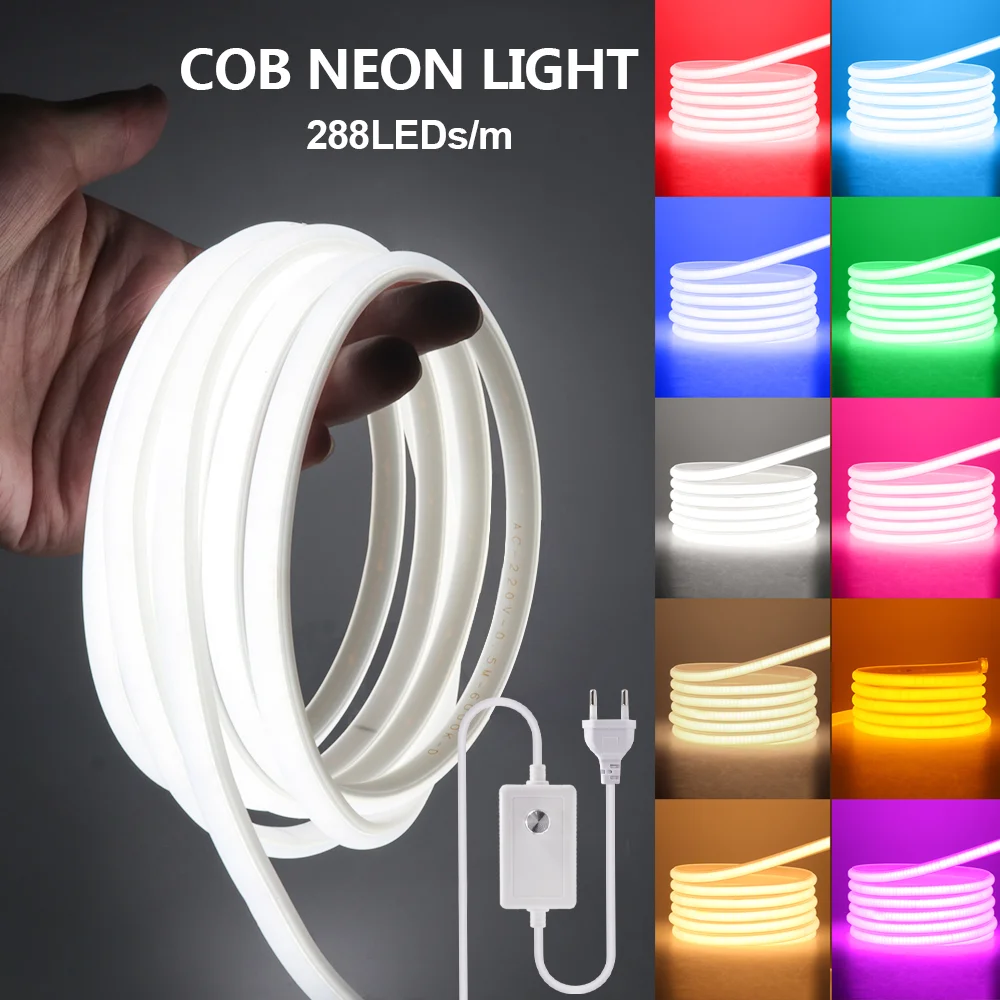 

Dimmable COB LED Strip 220V 288Leds/m Super Bright COB LED Tape Waterproof Flexible Silicone Neon Light RA90 3000K 4000K 6000K