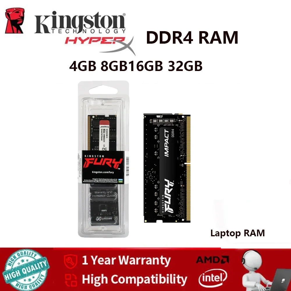 Memória RAM DDR4 Kingston Fury 4GB 8GB 16GB 32GB 1.2V 260pin 3200MHz 2666MHz 2400MHz PC4 para Notebook Sodimm