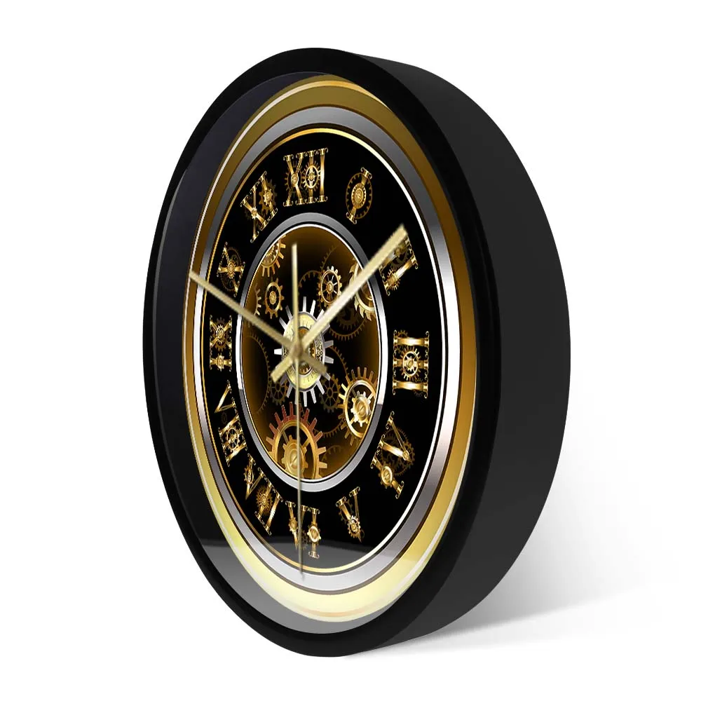 Steampunk Clock Roman Numeral Gold Gear Print Designed Round Wood Wall  Clock Men